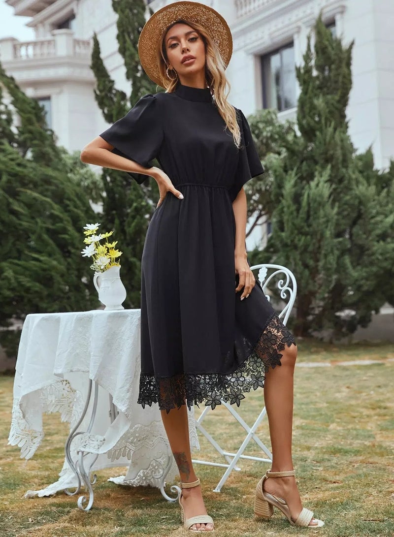 Mock Neck Contrast Lace Hem A-line Dress  - Image 3
