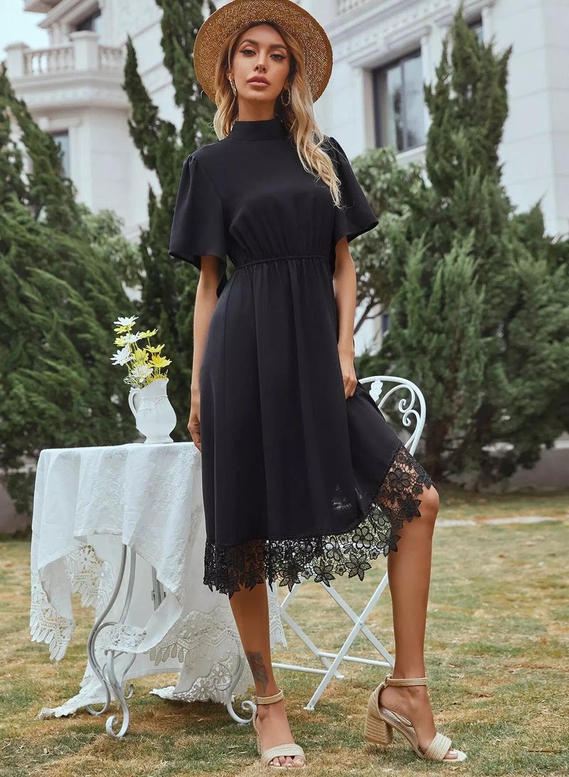 Mock Neck Contrast Lace Hem A-line Dress  - Image 4