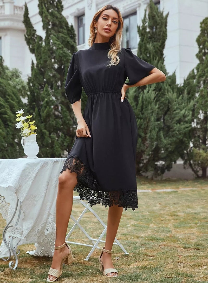 Mock Neck Contrast Lace Hem A-line Dress  - Image 5