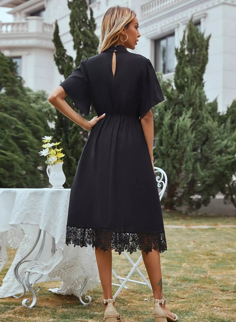 Mock Neck Contrast Lace Hem A-line Dress  - Image 2