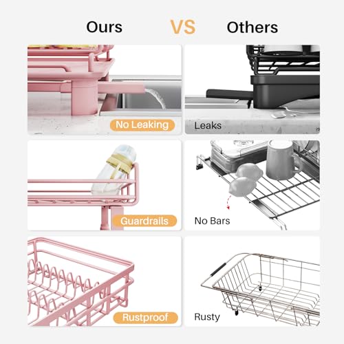 SNTD Dish Drying Rack - Extendable Dish Rack, Large Sink Drying Dish Drainer for Kitchen Counter, Stainless Steel Dish Strainer with Utensil Holder (Pink) - Image 4