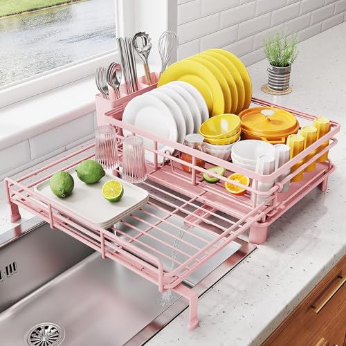 SNTD Dish Drying Rack - Extendable Dish Rack, Large Sink Drying Dish Drainer for Kitchen Counter, Stainless Steel Dish Strainer with Utensil Holder (Pink) - Image 1