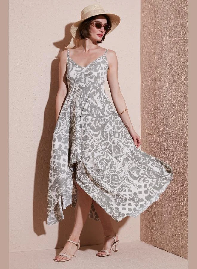 Lela Lela Patterned Asymmetrical Cut Regular Fit Midi Length Strappy Dress Women's Dress 5866126