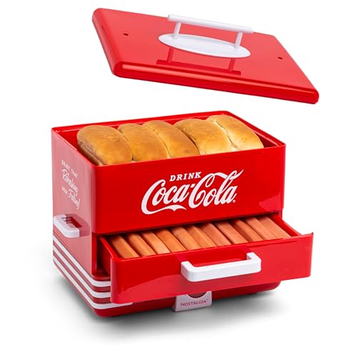 Nostalgia Extra Large DinerStyle CocaCola Hot Dog Steamer and Bun Warmer 24 Hot Dog and 12 Bun Capacity Steam Bratwursts Sausages Vegetables Fish Dumplings Red