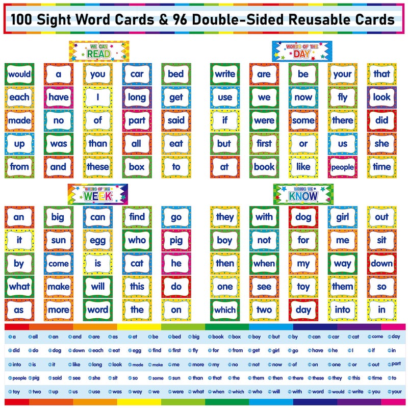 SpriteGru First Sight Word Cards, 100 First Word Cards & 96 Double-Side Erasable Blank One Pocket Chart Cards for Beginning Reading, Sight Reading, Early-Reading, Students Classroom Home School Use - Image 1