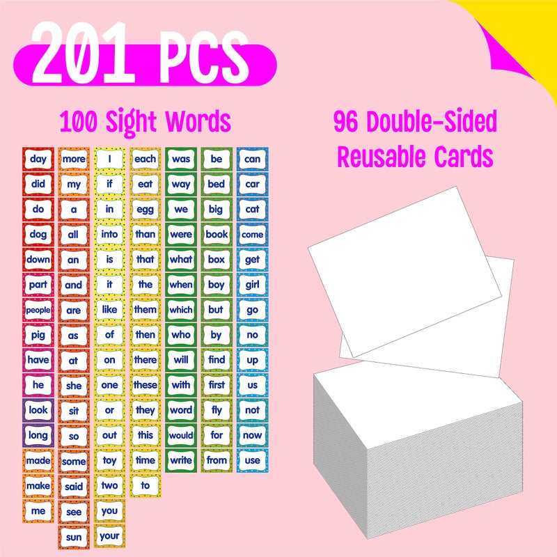 SpriteGru First Sight Word Cards, 100 First Word Cards & 96 Double-Side Erasable Blank One Pocket Chart Cards for Beginning Reading, Sight Reading, Early-Reading, Students Classroom Home School Use - Image 2