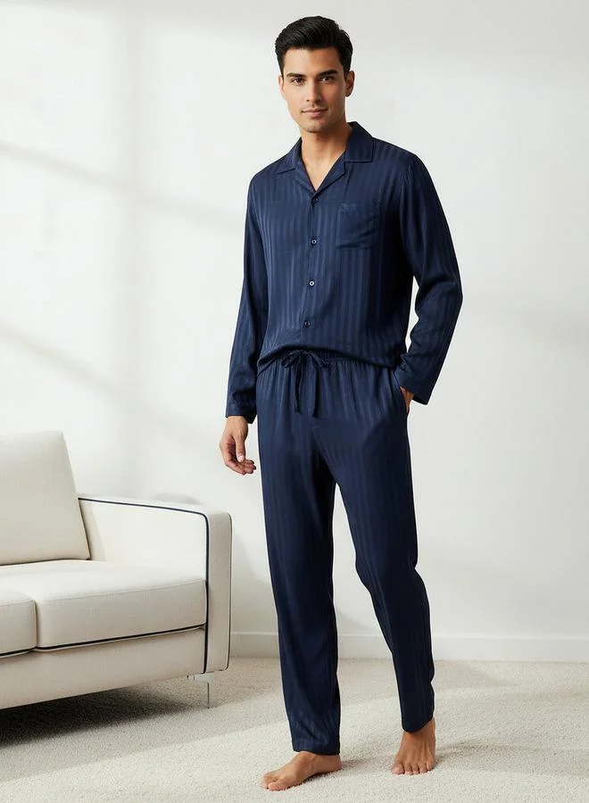 سبلاش فيڤ Men Modal Striped Button Front Nightwear Set