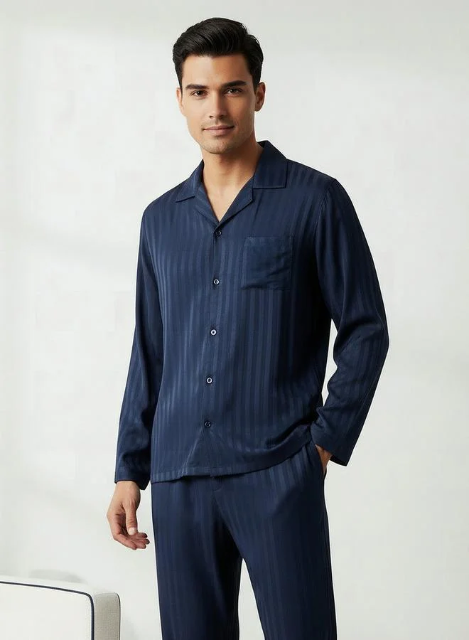 سبلاش فيڤ Men Modal Striped Button Front Nightwear Set