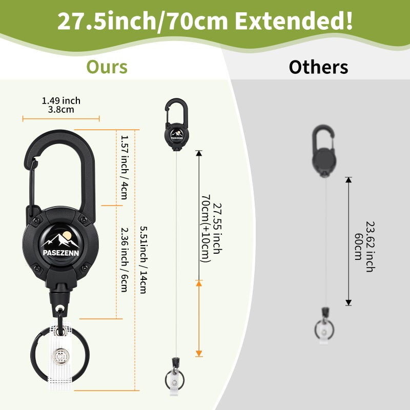pasezenn Heavy Duty Retractable Keychain,28in/70cm Stainless Steel Cord,Retractable Badge Holder with Carabiner Clip for Work,Outdoor Black 1 Pack - Image 2
