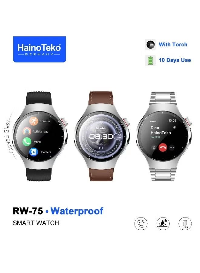 RW-75 Waterproof Smart Watch with Curved AMOLED Display, Bluetooth Calling, Fitness Tracker, Heart Rate & Sleep Monitor, Multi Sport Modes, HD Touch Screen, Long Battery Life, 3 Interchangeable Straps, Silver