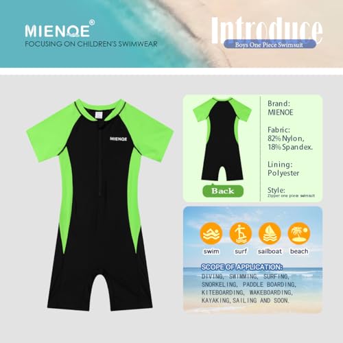 MIENOE Boys One Piece Rash Guard Swimsuit | Zipper Lined UPF 50+ | Short Sleeve Sun Protection Bathing Suit Size 6-13 Years Black Green - Image 4