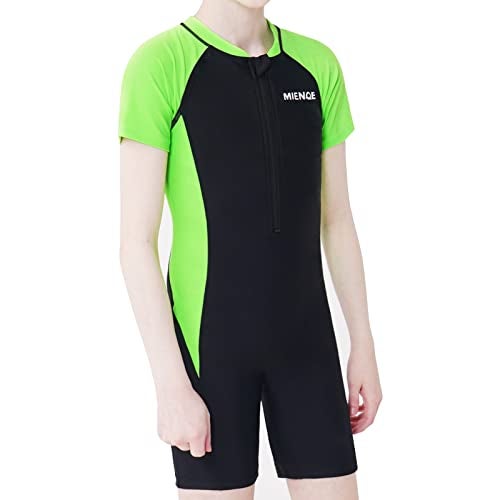 MIENOE Boys One Piece Rash Guard Swimsuit | Zipper Lined UPF 50+ | Short Sleeve Sun Protection Bathing Suit Size 6-13 Years Black Green - Image 1