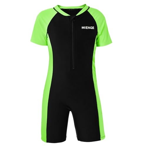 MIENOE Boys One Piece Rash Guard Swimsuit | Zipper Lined UPF 50+ | Short Sleeve Sun Protection Bathing Suit Size 6-13 Years Black Green - Image 3