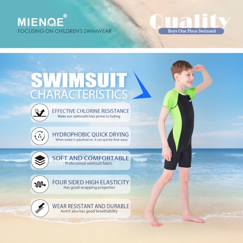 MIENOE Boys One Piece Rash Guard Swimsuit | Zipper Lined UPF 50+ | Short Sleeve Sun Protection Bathing Suit Size 6-13 Years Black Green - Image 2