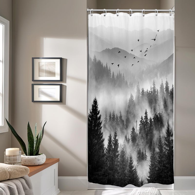 Riyidecor Riyidecor Stall Half Small Rv Shower Curtain 36Wx72H Inch Black and White Mountain Single Stand Up Camper Camp Narrow Scenery Rustic View Bathroom Decor Fabric Polyester Waterproof 7 Pack Hooks - Image 1