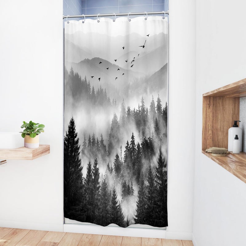 Riyidecor Riyidecor Stall Half Small Rv Shower Curtain 36Wx72H Inch Black and White Mountain Single Stand Up Camper Camp Narrow Scenery Rustic View Bathroom Decor Fabric Polyester Waterproof 7 Pack Hooks - Image 3