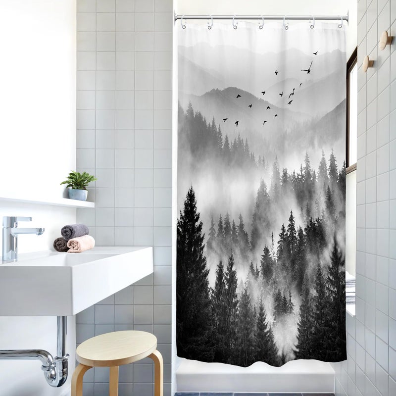 Riyidecor Riyidecor Stall Half Small Rv Shower Curtain 36Wx72H Inch Black and White Mountain Single Stand Up Camper Camp Narrow Scenery Rustic View Bathroom Decor Fabric Polyester Waterproof 7 Pack Hooks - Image 2