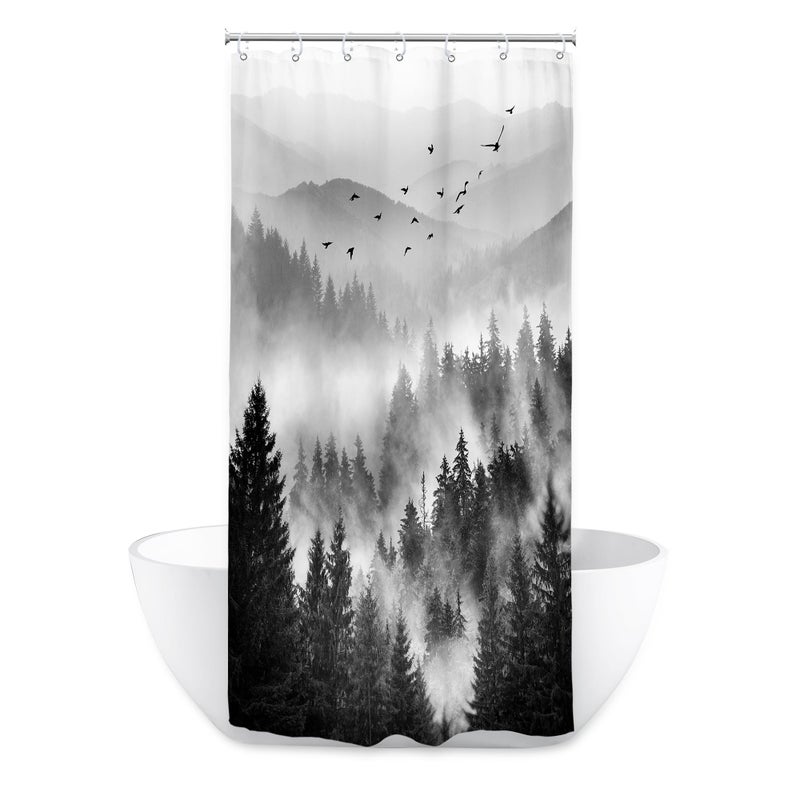 Riyidecor Riyidecor Stall Half Small Rv Shower Curtain 36Wx72H Inch Black and White Mountain Single Stand Up Camper Camp Narrow Scenery Rustic View Bathroom Decor Fabric Polyester Waterproof 7 Pack Hooks - Image 4