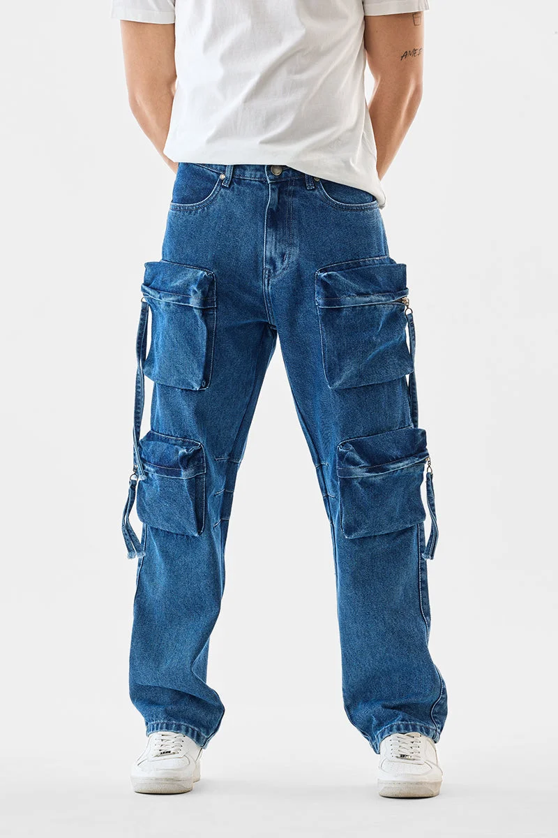 SNITCH بنطلون كارجو واسع بثمانية جيوب مغسول