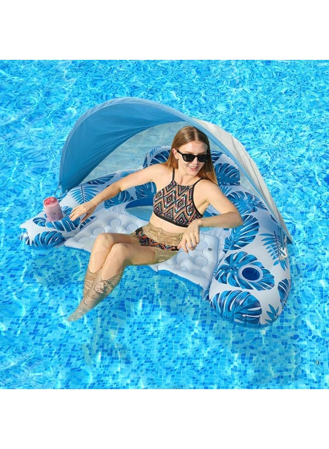 HI-FINE Inflatable Pool Float with Canopy, Raft Floaties Water Floating Chair, Pool Chair Lounge Float with Adjustable Sun Shade Cover, 2 Cup Holder, Ergonomic Headrest, Inflatable Pool Float for Adults Blue - Image 1