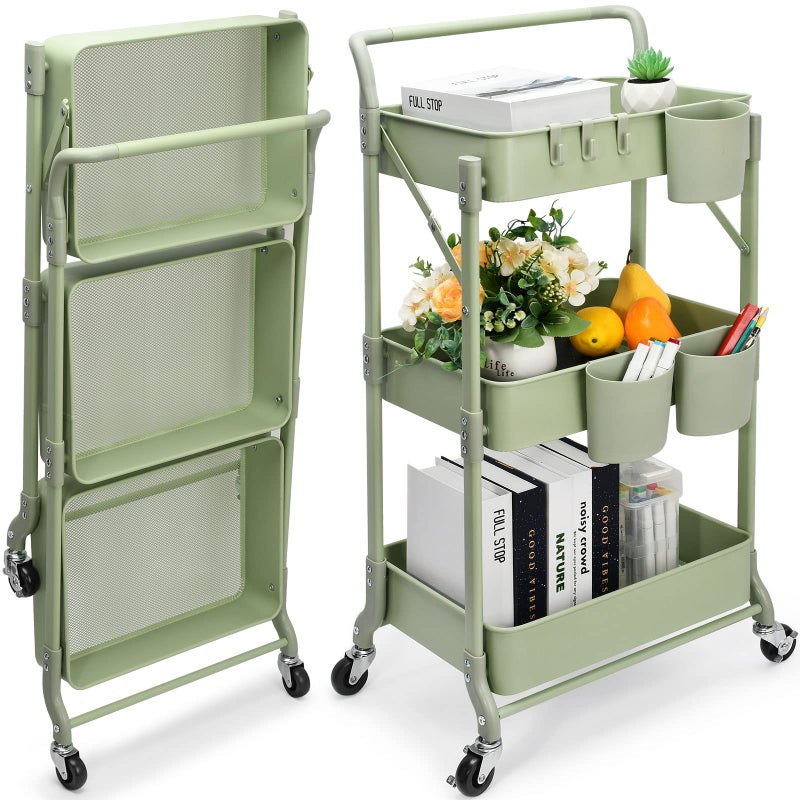 johgee Foldable 3 Tier Rolling Cart, Metal Utility Cart, Folding Mobile Multi-Function Storage Trolley Organizer Cart for Home Library Office(Green) - Image 1