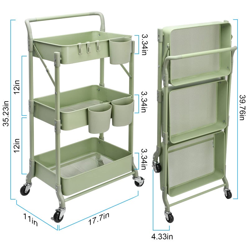 johgee Foldable 3 Tier Rolling Cart, Metal Utility Cart, Folding Mobile Multi-Function Storage Trolley Organizer Cart for Home Library Office(Green) - Image 5