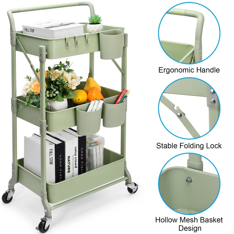 johgee Foldable 3 Tier Rolling Cart, Metal Utility Cart, Folding Mobile Multi-Function Storage Trolley Organizer Cart for Home Library Office(Green) - Image 4