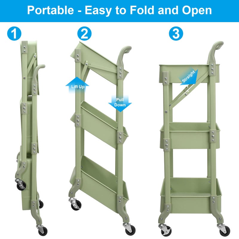 johgee Foldable 3 Tier Rolling Cart, Metal Utility Cart, Folding Mobile Multi-Function Storage Trolley Organizer Cart for Home Library Office(Green) - Image 2