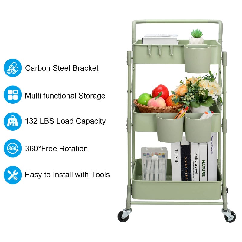 johgee Foldable 3 Tier Rolling Cart, Metal Utility Cart, Folding Mobile Multi-Function Storage Trolley Organizer Cart for Home Library Office(Green) - Image 3