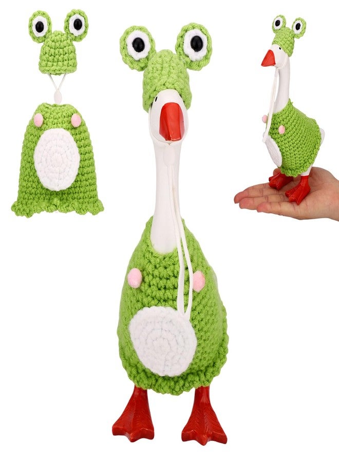 Sinbana 7in/17.78cm Desk Goose Frog Outfit, Include Crocheted Hat and Clothes for Cute and Fun Mini Desktop Desk Goose Costume Crochet Outfits Accessories (Green & White) - Image 1