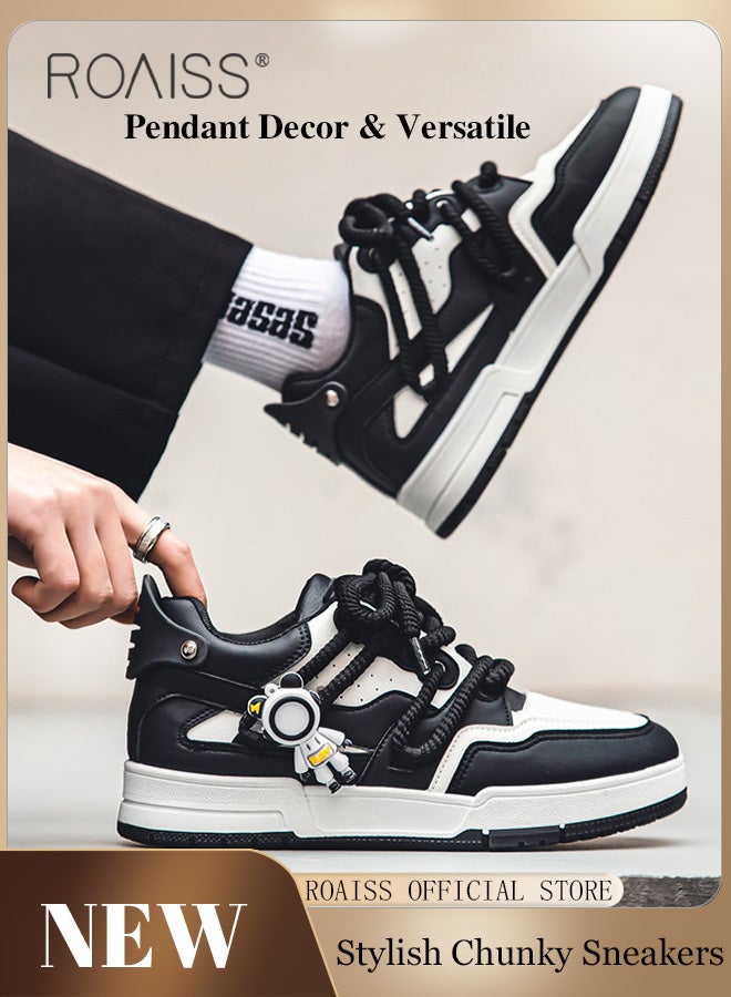 roaiss Colorblock Non Slip Chunky Sneakers for Men with Cartoon Astronaut Pendant Decor Mens Casual Sporty Outdoor Skateboard Shoes Breathable and Lightweight Low Cut Basketball Shoes - Image 3