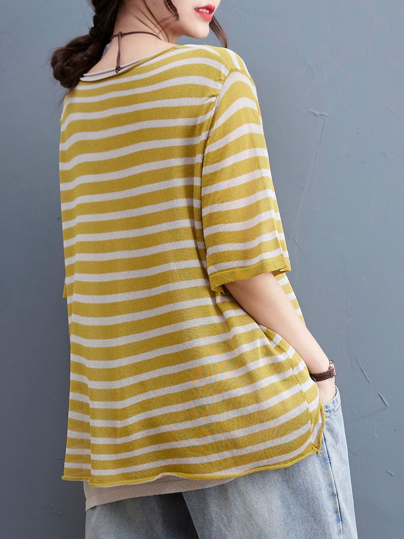 Women Loose Knitted T-shirt Half Sleeve Striped Casual Pullovers - Image 4