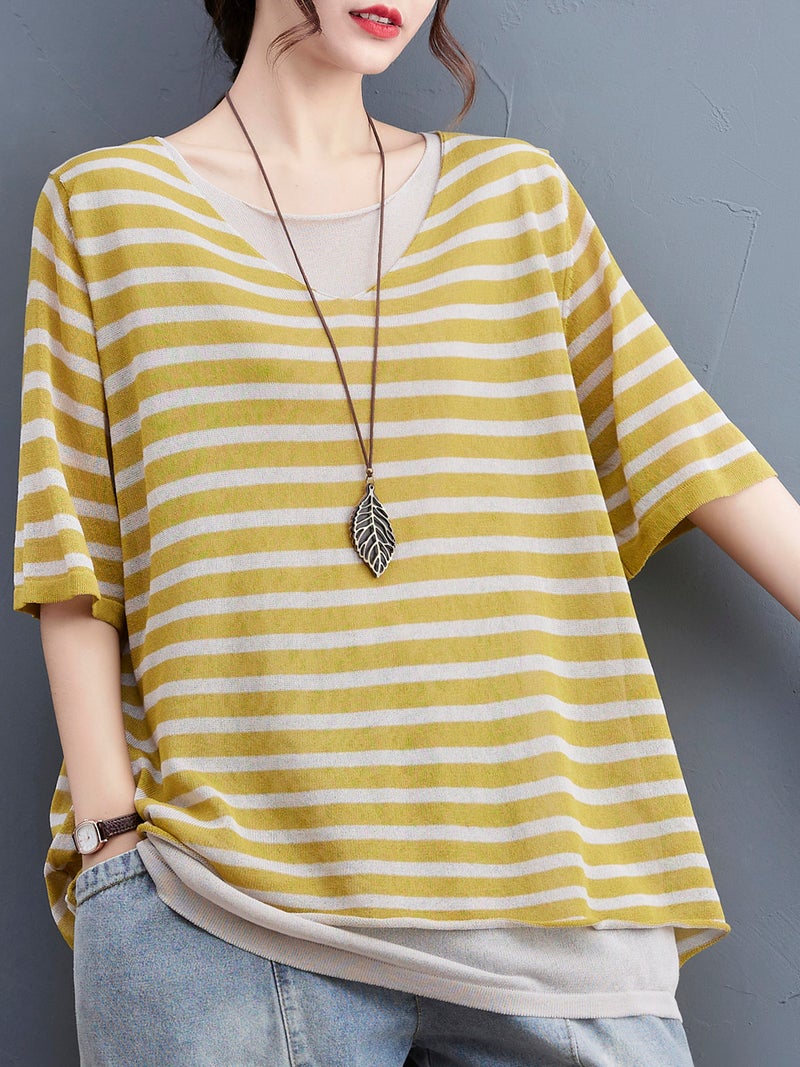 Women Loose Knitted T-shirt Half Sleeve Striped Casual Pullovers - Image 2