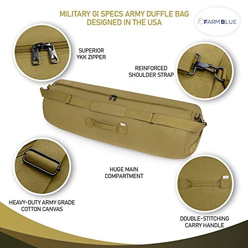 Farm Blue GI Style Zipper Duffle Bag Heavy Duty Army Duffle Bags - Military Grade Cotton Canvas Duffel Bag - Reinforced Camping Bag - Strong Zipper & Center Grab Handle (Olive Drab, X-Large) - Image 4