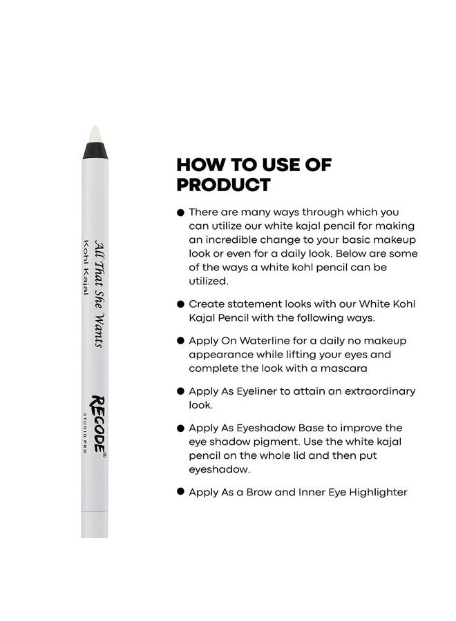 Recode All That She Wants White Matte Pencil Kohl Kajal | 1.20g | 14hrs Long Lasting | Waterproof & Smudgeproof Kohl | One Stroke Gliding Effect - Image 3