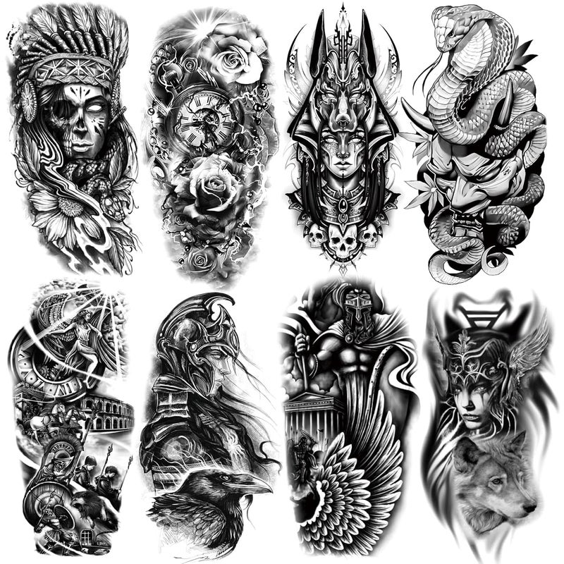 8 Sheets Waterproof Arm Leg Fake Temporary Tattoo Indian Skull Snake Egypt Anubis Flower Compass Prajna Greek Myth Soldier