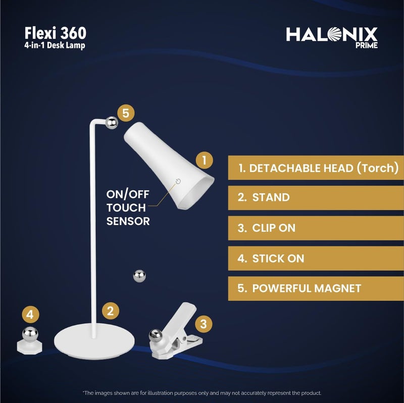 Halonix Prime 4in1 Flexi 360 Portable Desk Lamp Multi Usage Study lamp Detachable Head Use as a Torch Flashlight Stick it Anywhere Clip it Anywhere Rechargeable Table lamp - Image 5