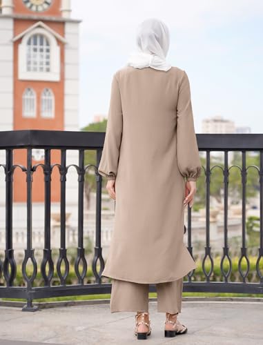 IWEMEK Prayer Clothes for Muslim Women 2 Piece Long Sleeve Shirt Dress Wide Leg Pants Islamic Clothes Middle East Clothing Ramadan Eid Dress Abayas for Women Muslim Outfits khaki S - Image 5