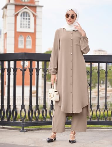 IWEMEK Prayer Clothes for Muslim Women 2 Piece Long Sleeve Shirt Dress Wide Leg Pants Islamic Clothes Middle East Clothing Ramadan Eid Dress Abayas for Women Muslim Outfits khaki S - Image 2