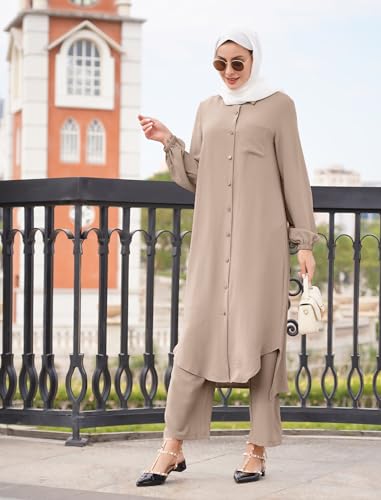 IWEMEK Prayer Clothes for Muslim Women 2 Piece Long Sleeve Shirt Dress Wide Leg Pants Islamic Clothes Middle East Clothing Ramadan Eid Dress Abayas for Women Muslim Outfits khaki S - Image 4