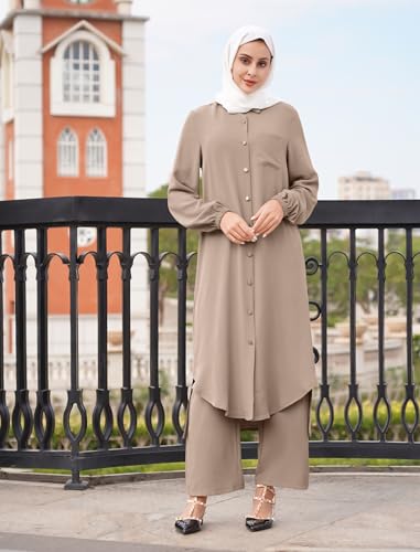 IWEMEK Prayer Clothes for Muslim Women 2 Piece Long Sleeve Shirt Dress Wide Leg Pants Islamic Clothes Middle East Clothing Ramadan Eid Dress Abayas for Women Muslim Outfits khaki S - Image 3