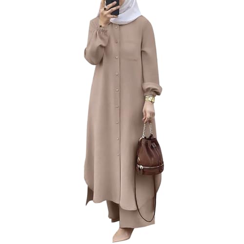 IWEMEK Prayer Clothes for Muslim Women 2 Piece Long Sleeve Shirt Dress Wide Leg Pants Islamic Clothes Middle East Clothing Ramadan Eid Dress Abayas for Women Muslim Outfits khaki S - Image 1