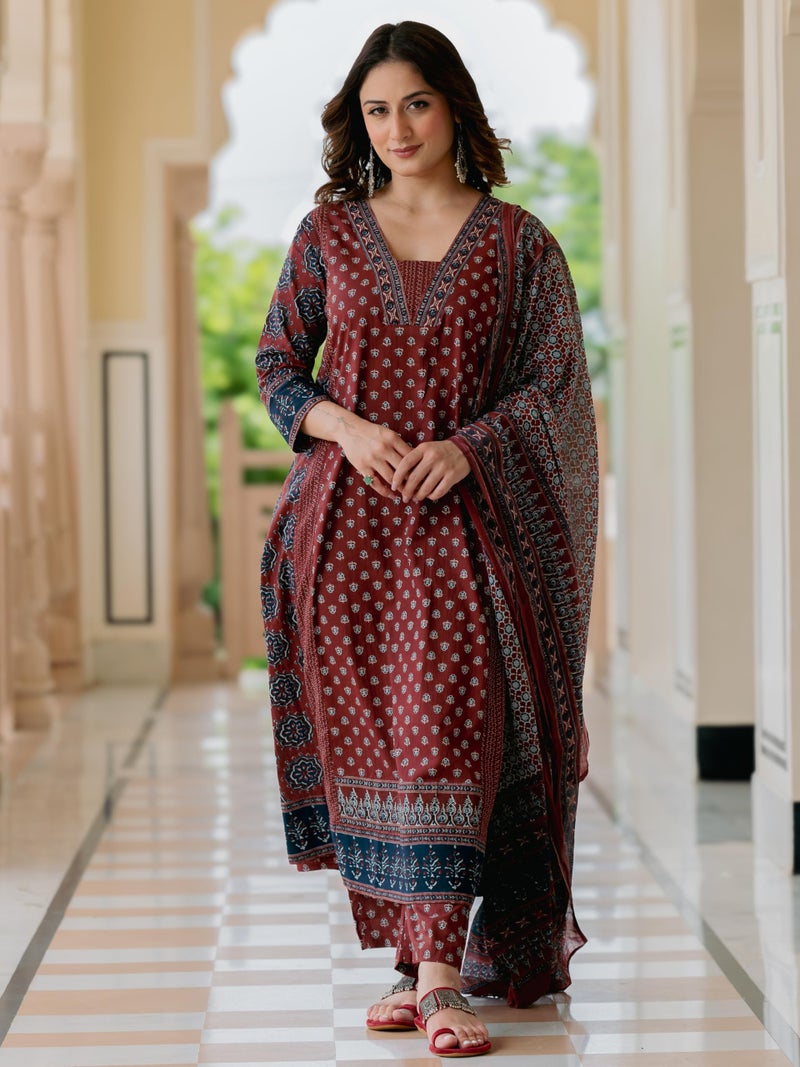 Arayna Women’s 100% Pure Cotton Printed Ethnic Suit | A-Line Kurta Set with Pant & Dupatta, Maroon, Large - Image 4