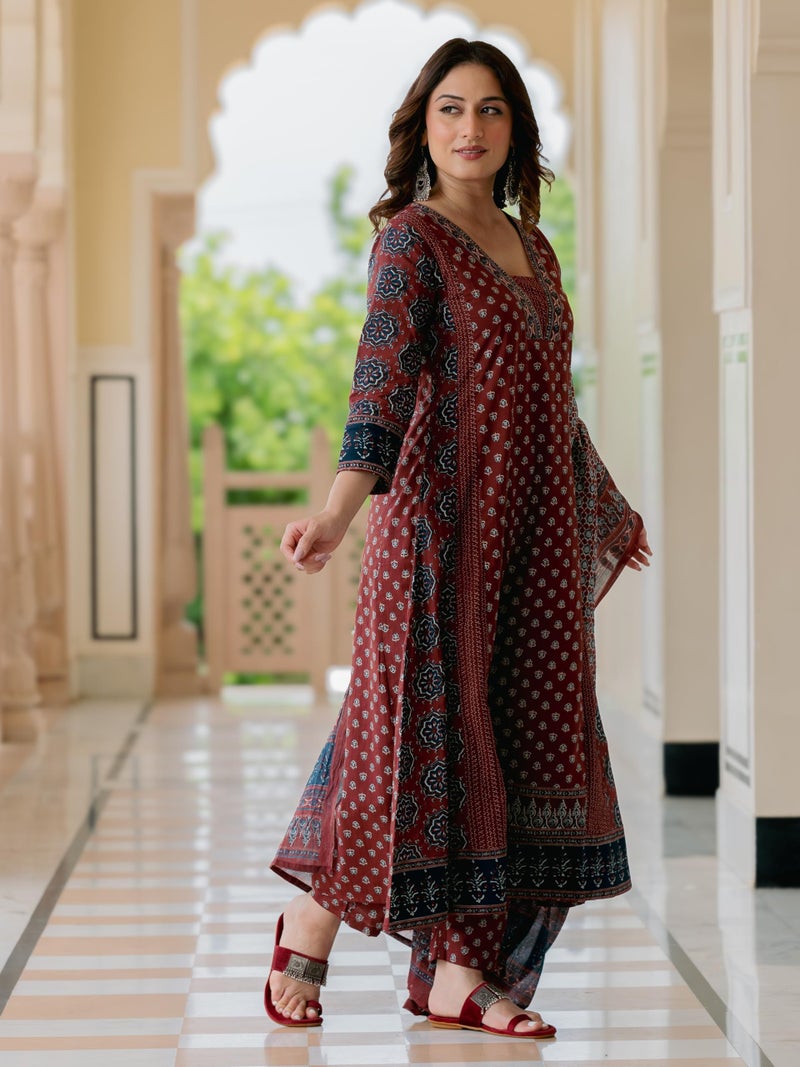 Arayna Women’s 100% Pure Cotton Printed Ethnic Suit | A-Line Kurta Set with Pant & Dupatta, Maroon, Large - Image 5