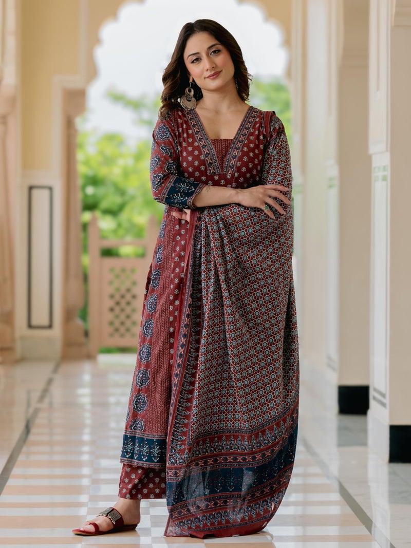 Arayna Women’s 100% Pure Cotton Printed Ethnic Suit | A-Line Kurta Set with Pant & Dupatta, Maroon, Large - Image 2