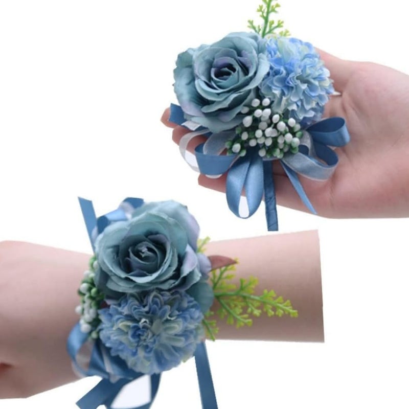 OUKEYI 2PCS Rose Flower Wrist Corsage Boutonniere SetBoutonniere for Men Wedding White Rose Corsage Wristlet for Women Bride Bridesmaid Wrist Corsagefor Wedding Party Prom Decorations Dark blue