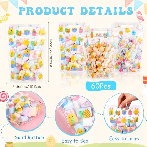 Frienda 60 Pcs Easter Plastic Candy Bags Bulk Easter Egg Zippered Treat Bags Bunny Goodie Bag with Handle Spring Party Favor Gift Pouch for Wedding Birthday Party Supplies - Image 2
