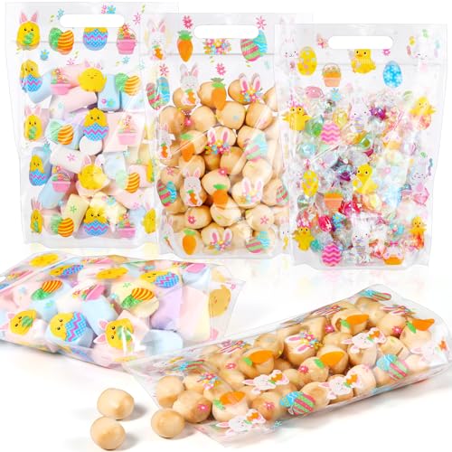 Frienda 60 Pcs Easter Plastic Candy Bags Bulk Easter Egg Zippered Treat Bags Bunny Goodie Bag with Handle Spring Party Favor Gift Pouch for Wedding Birthday Party Supplies - Image 1