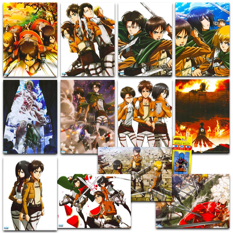 Attack on Titan Posters For Bedroom Room Decor Bundle | 12 Posters for Walls Anime Poster Pack Set With Anime Phone Wallet | Attack on Titan Room Decorations Set - Image 1