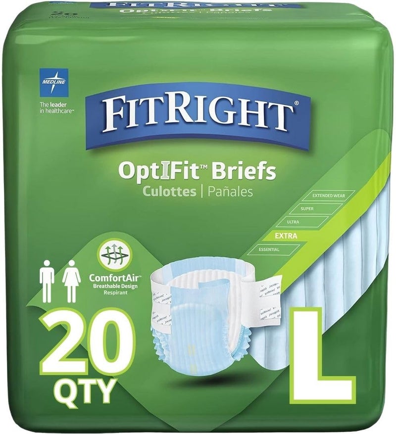 FitRight OptiFit Extra Adult Briefs, Incontinence Diapers with Tabs, Moderate Absorbency, Large, 44 to 56", 20 Count (Pack of 4)